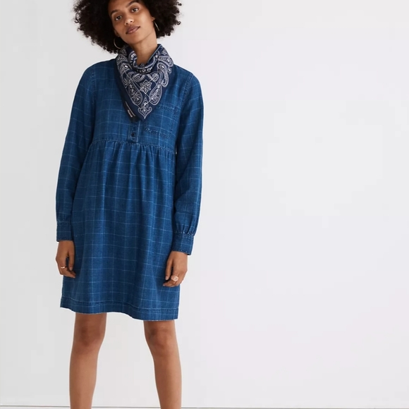 Madewell Dresses & Skirts - MADEWELL Size Large Indigo Plaid Denim Babydoll Shirtdress $128 Runs Small! EUC!
